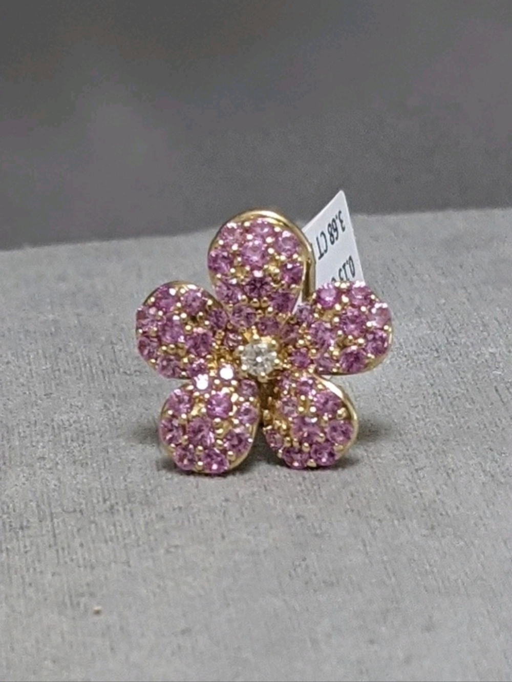 MODERN 14K YELLOW GOLD PAVE PUFF FLOWER CLUSTER DESIGN. DIAMONDS N Pink SAPPHIRE